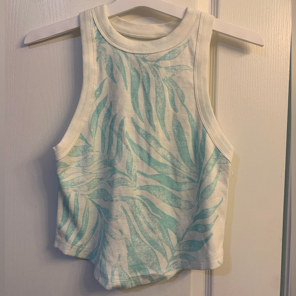 Free People Movement White Teal Palm Leaf Print Open Air Backless Tank Top Small
